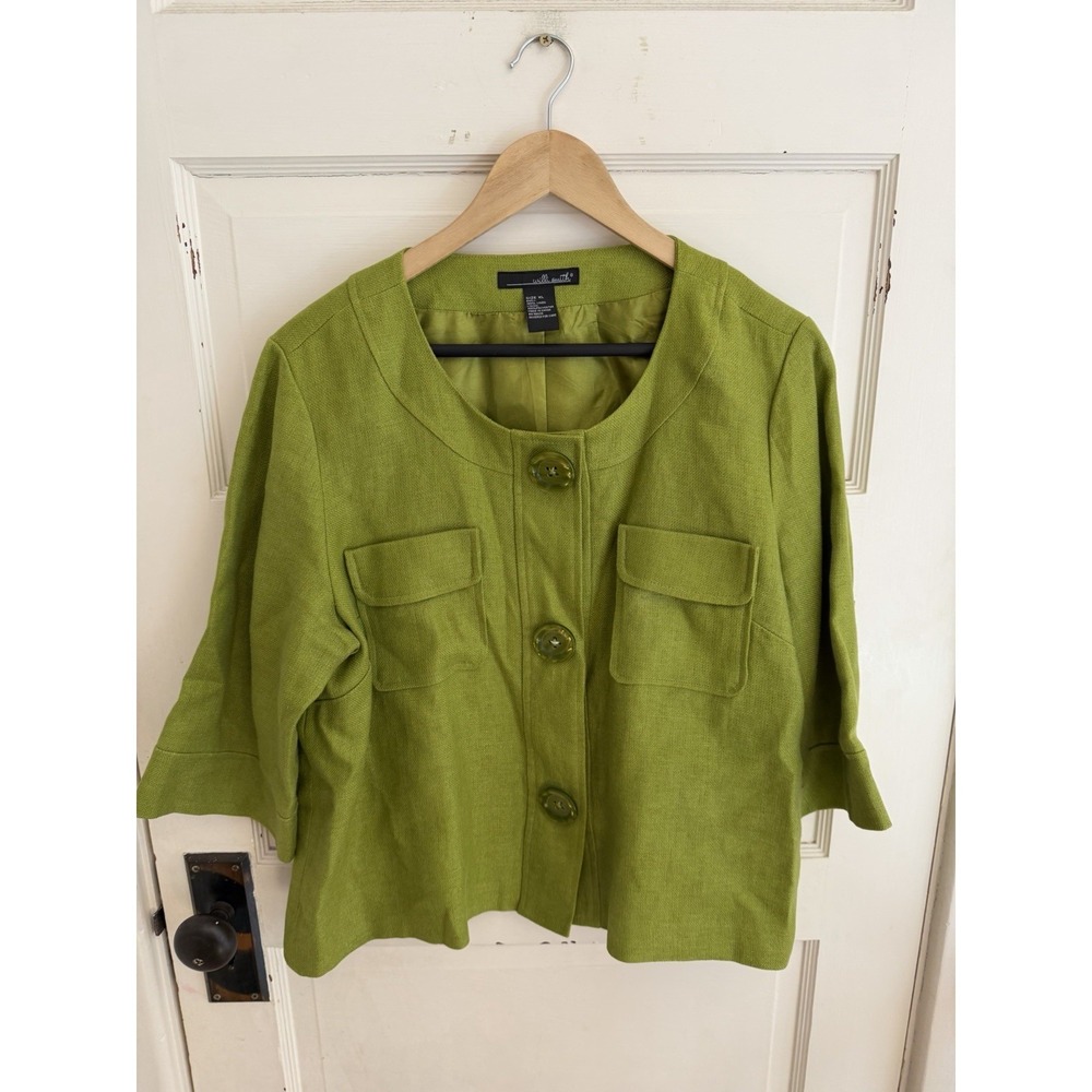 Willi Smith Women's Green Linen Jacket Oversized‎ Buttons Pockets 3/4 Sleeves XL